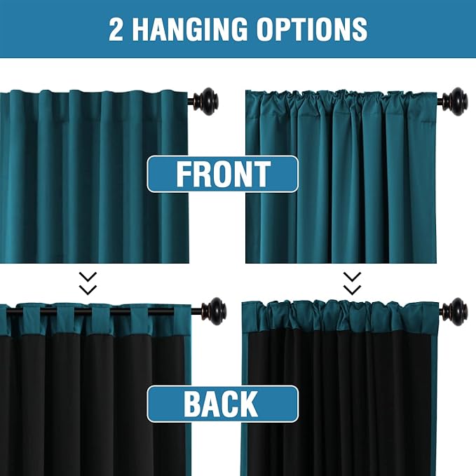 H.VERSAILTEX 100% Blackout Curtains for Bedroom with Black Liner Full Room Darkening Curtains Thermal Back Tab/Rod Pocket Window Treatment Drapes for Living Room, 2 Panels, 42 x 63 Inch, Dark Teal