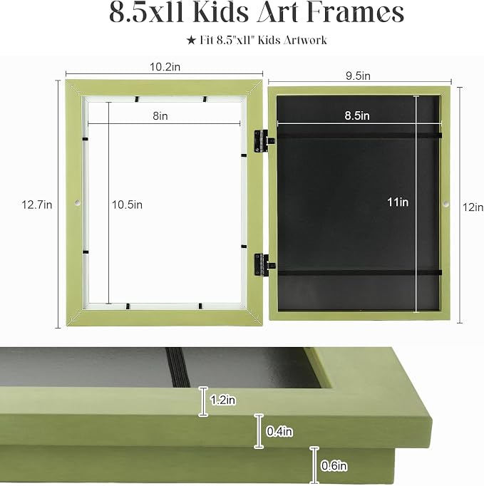 [2-Pack] Kids Art Frames, 8.5x11 Front Opening Kids Artwork Frames Changeable, Soft Yellow Green Artwork Display Storage Frame for Wall, Holds 50 Pcs, for 3D Picture, Crafts, Children Drawing, Hanging