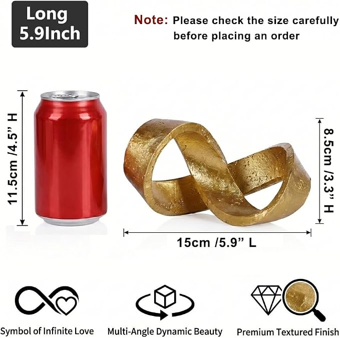 Modern Infinity Knot Sculpture - Gold Knot Home Decor, Multi-Angle Statue for Shelves, Coffee Table, Bookshelf, Living Room, Office, Resin Geometric Decorative Accent, Abstract Art Knick Knacks Gifts