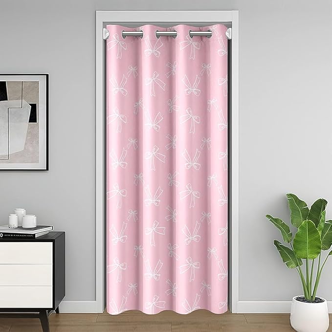 Feelyou Girl Pink Bowknot Door Curtain for Doorway Privacy Ribbon Bow Striped Closet Door Cover Curtain for Bedroom Living Room Princess Theme Room Blackout Curtain Window Treatments 1 Panel, 42"x84"