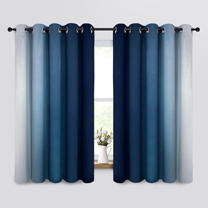Yakamok Ombre Curtains Blue and Greyish White for Living Room,62Wx63L | Room Darkening Curtains 63,Thermal Insulated Gradient Color Drape,Light Blocking Grommet Window Curtains for Bedroom,2 Panels