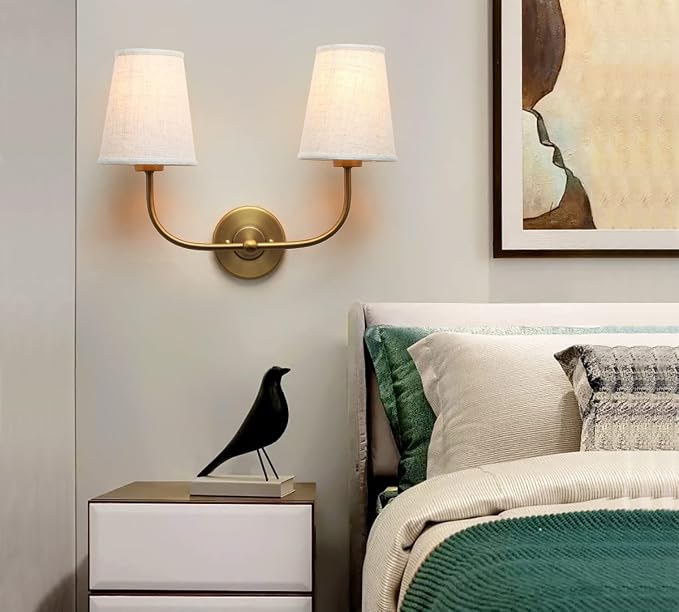 PERMO Vintage Double Sconce Large Antique 2-Lights Sconces with Flared Funnel Linen Beige Fabric Shade Hardwired Double Wall Sconce E26 Base