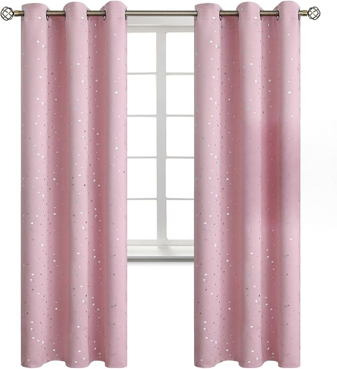 BGment Kids Blackout Curtains for Bedroom - Grommet Thermal Insulated Silver Star Print Room Darkening Curtains for Kids Room, Set of 2 Panels, 38 x 84 Inch, Baby Pink