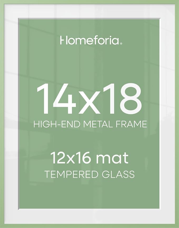 Homeforia 14x18 Picture Frame Sage Green, High End Metal 14x18 Poster Frames with Mat 12x16 Photo, 14 x 18 Sage Green Frame Matted to 12 by 16 Art, 18x14 Thin Frame, Tempered Glass, Wall Kit, Set of 2