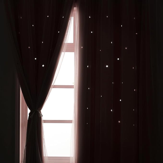 Light Pink Blackout Curtains for Girls Room 84 Inches Long Cute Star Cutout | Nursery Double Layer Curtains & Drapes Tulle Lace 2 Panel Thermal Insulate Bedroom Darkening Window Treatments Cortinas Blush