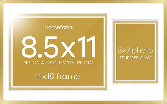 Homeforia 11x18 Gold Diploma Frame with Photo, High End Metal 11 x 18 Certificate Frames with Mat for 8.5 x 11 inches Diploma and 5 x 7 Picture, Award Degree Frames, Tempered Glass, Wall Kit, Set of 3