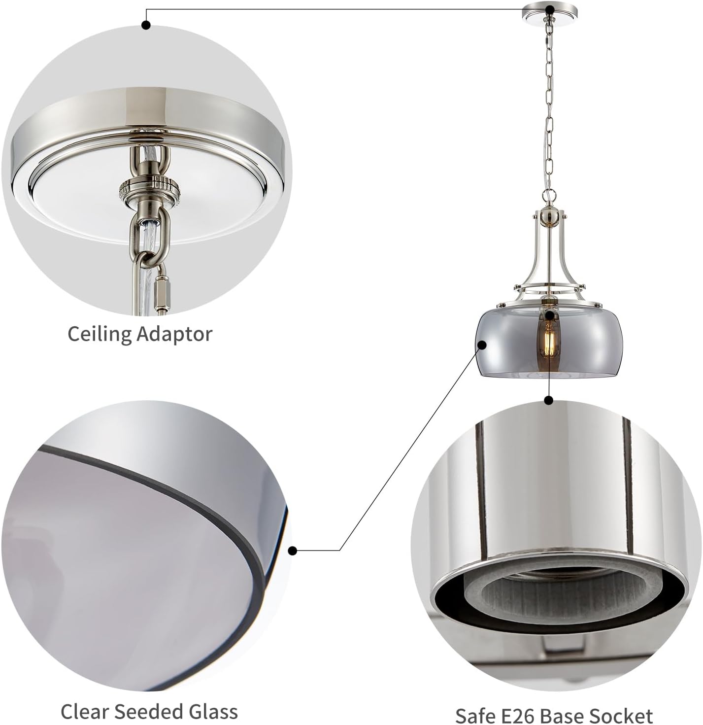 WUZUPS Nickel Chandelier Rustic Farmhouse Industrial Round Ceiling Pendant LED Light Fixture with Electroplated Gray Glass Shade for Dining Room Kitchen Island Foyer Entryway, H 17" W 13.4", E26 Base