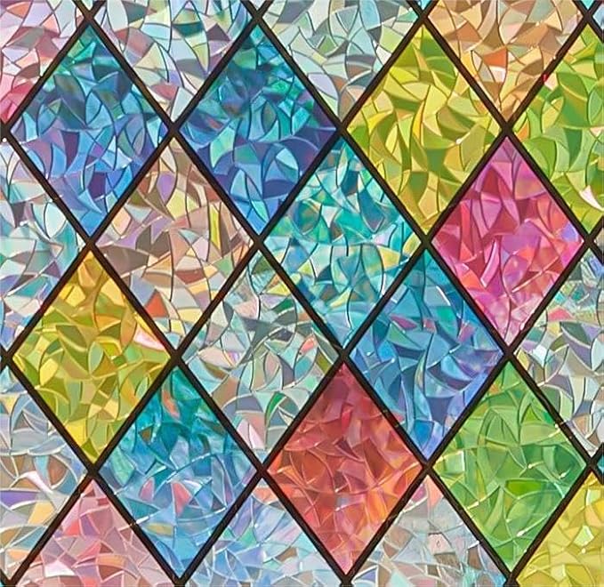 Sunbaby Window Privacy Film Stained Glass Decorative Rainbow Window Cling 3D Static Clings Colorful for Home Decoration, Anti-UV & Heat Control Non-Adhesive (29.5"x78.7")