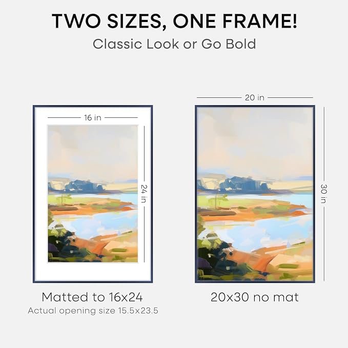 Homeforia 20x30 Frame Navy Blue, High End Metal 20x30 Picture Frames with Mat 16x24 inch Photo, 20 x 30 Navy Blue Poster Frame Matted to 16 by 24, 30x20 Large Frame, Tempered Glass, Wall Kit, Set of 2