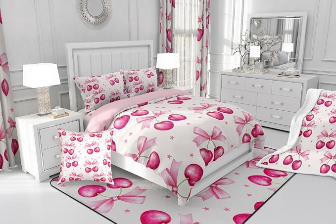 Feelyou Pink Girls Bow Room Darkening Blackout Curtain (2 Panels, 52 x 63 Inch) Bow Curtains for Bedroom Living Room Kawaii Cherry Prints Blackout Curtains Cute Bowknot Window Treatments