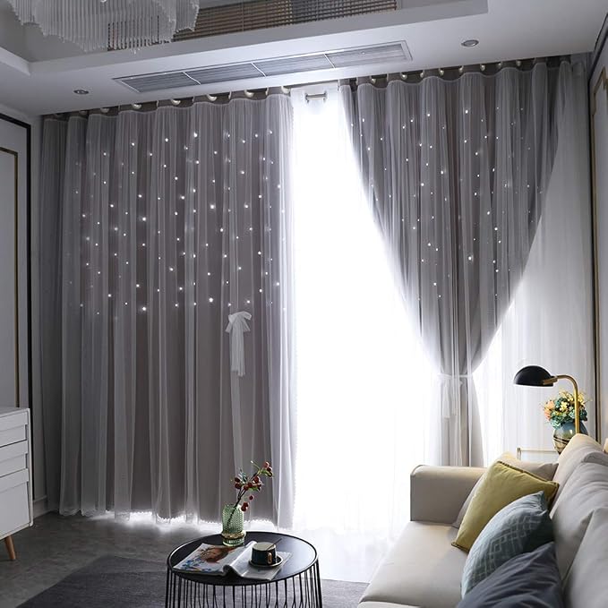 UNISTAR 2 Panels Stars Blackout Curtains for Bedroom Girls Kids Baby Window Curtain Double Layer Star Cut Out Aesthetic Living Room Decor Wall Home Decorations Curtain,W52 x L84 Inches,Grey