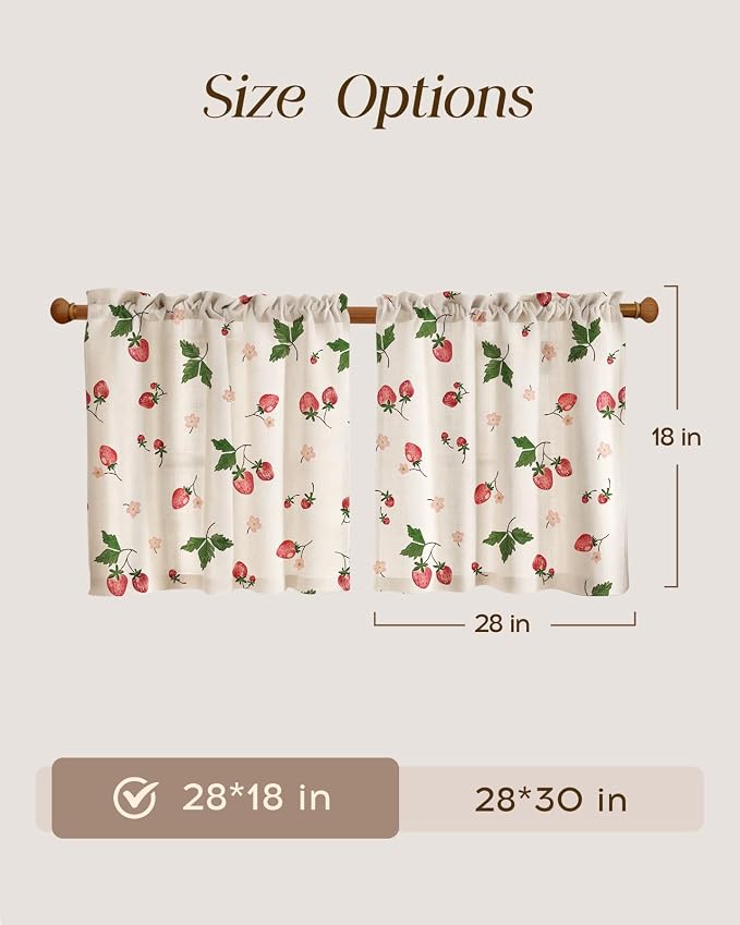 Miss Adola Farmhouse Kitchen Tier Curtains - 18 Inch Length Linen Blend Country Cafe Curtains Strawberry Small Window Treatments Over Sink Rod Pocket for Bathroom Living Room Light Filtering, 2 Panels