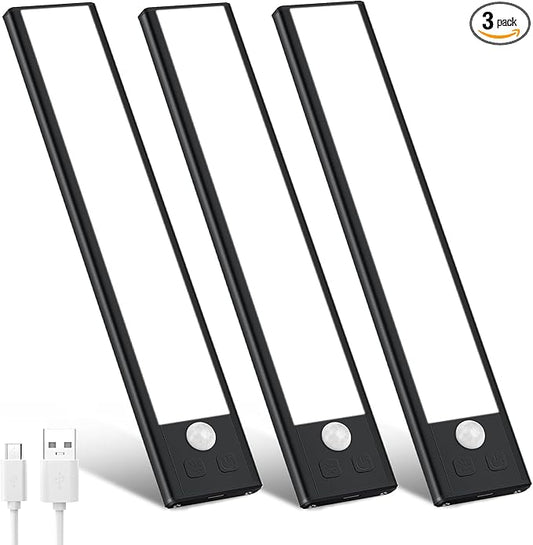 3 Pack Under Cabinet Lights, 32 LED Cold White Rechargeable Under Cabinet Lighting Motion Sensor LED Lights for Kitchen, Counter, Closet, Stairs (Black - Cold White Light, 8.07 Inch - 3 Pack)