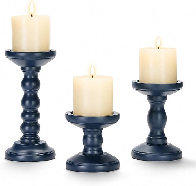 Candeldo Wooden Candle Holders Pillar: Navy Blue Candlestick Holders Table Centerpiece Blue Kitchen Decor Rustic Farmhouse Coastal Decorations for Fireplace Mantle