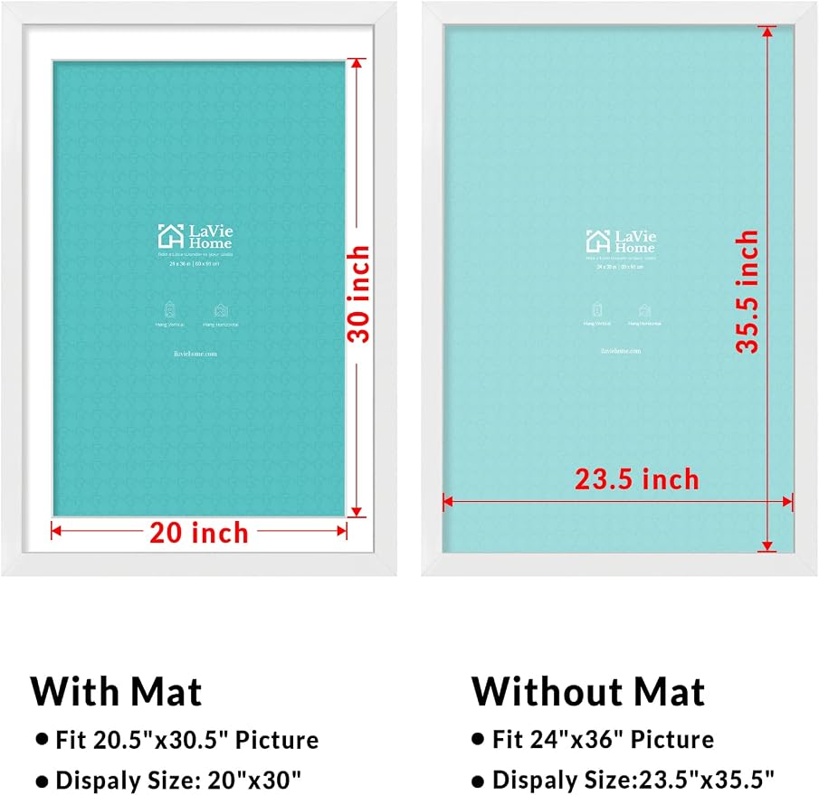 LaVie Home 24 x 36 Poster Frame White, Display Pictures 20x30 with Mat or 24x36 Without Mat, Stable and Sturdy Picture Frame and Polished Plexiglass, Horizontal and Vertical Format of The Wall（1 Pack）
