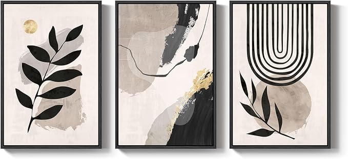 3 Piece Framed Black and White Boho Wall Art for Living Room, Large Abstract Botanical Plant Canvas Prints Paintings, Minimalist Leaf and Geometric Artwork for Dining Room Bedroom 24x36 Inch