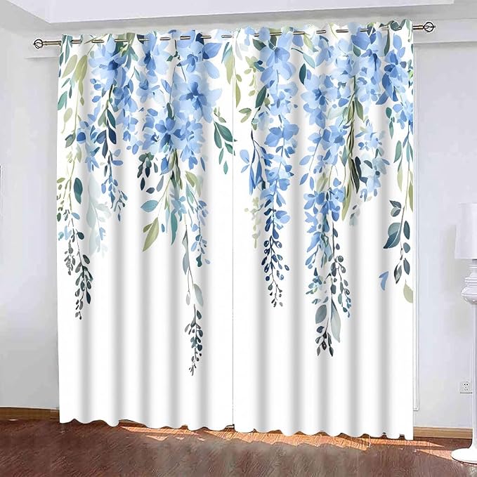 Blue Watercolor Floral Curtains, 52x84 inch, 2 Panels | Botanical Leaves Vine Flowers, Rustic Farmhouse, Blackout Window Treatment, For Bedroom Living Room