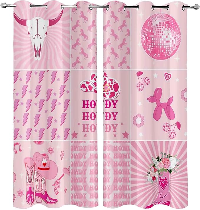 LUVIVIHOME Cowgirl Blackout Curtains, Cute Preppy Coquette Curtains for Girls Bedroom Living Room, Floral Howdy Girly Pink Western Cowgirl Room Decor, Grommet Window Drapes 2 Panel Sets, 42x84 Inch