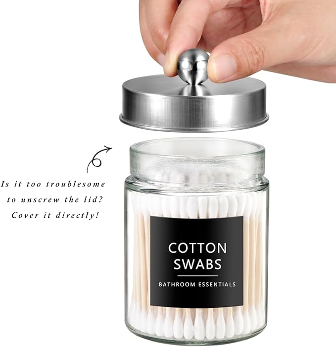 SheeChung Qtip Dispenser Holder 4pcs, Glass Apothecary Jars with Stainless Steel Lids &Stickers Farmhouse Decor Metal Wire Bathroom Storage Organizer Basket Bins - for Cabinets, Shelves