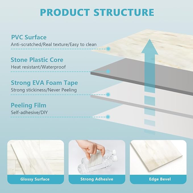Vamos Tile 4-Piece Glossy Wooden Marble Grain Peel and Stick Backsplash Tile,3''x6'' PVC Subway Tile with White Grout, Stick on Backsplash for Kitchen/Bathroom/Fireplace