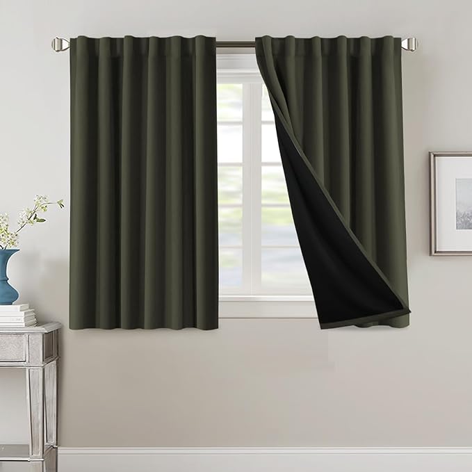 H.VERSAILTEX 100% Blackout Curtains for Bedroom with Black Liner Full Room Darkening Curtains 45 Inch Long Thermal Insulated Back Tab/Rod Pocket Window Drapes for Living Room, 2 Panels, Olive