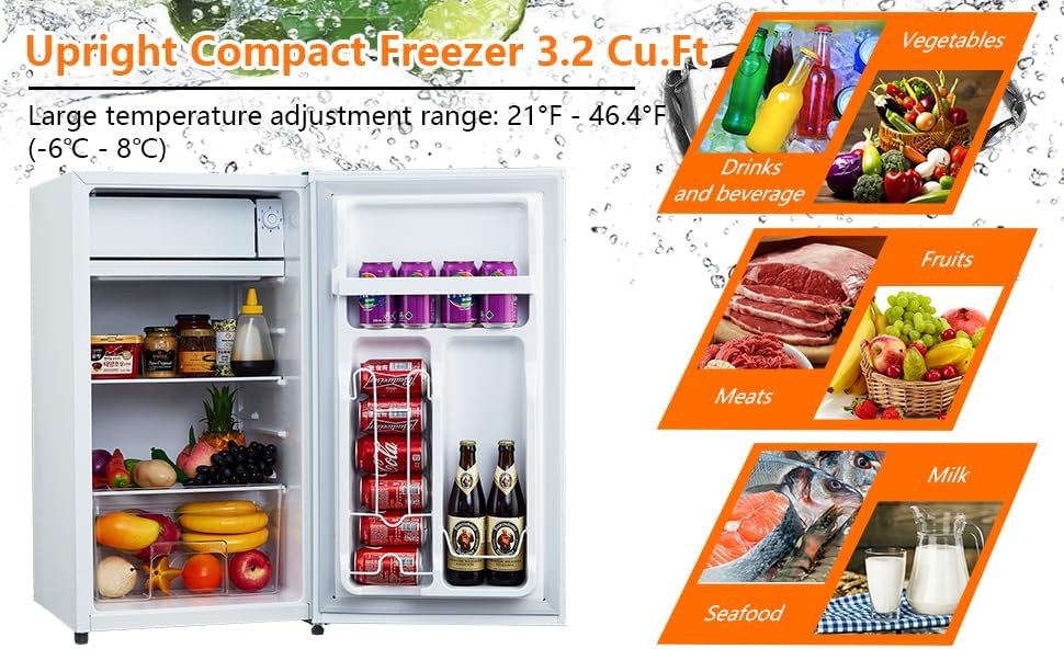 3.2 Cu.Ft Mini Fridge with Freezer, Small Refrigerator with Single Door and Adjustable Thermostat, Shelf, Energy Efficient, Compact Fridge for Bedroom, Office，white