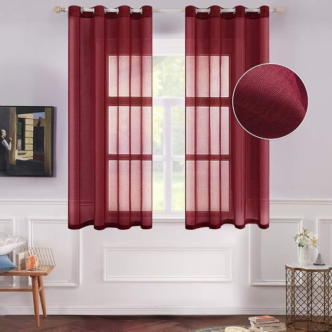 MIULEE 2 Panels Burgundy Red Semi Sheer Window Curtains Elegant Christmas Decor Grommet Top Voile Drapes Window Treatment Linen Textured Panels for Bedroom Living Room (54X63 inch Length)