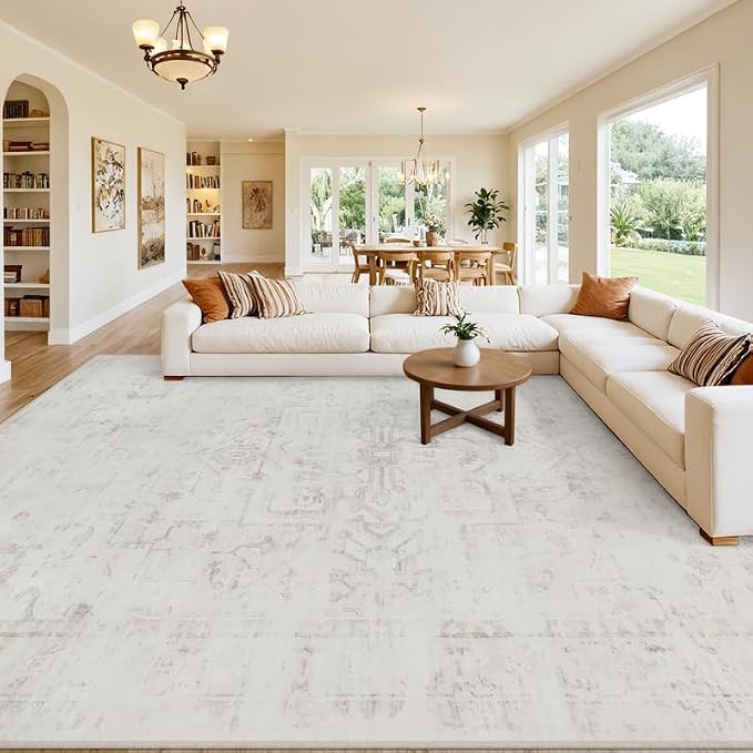 10x14 Area Rug for Living Room: Vintage Boho Neutral Washable Rug Indoor Soft Large Area Rug Carpet for Bedroom Nursery Farmhouse Dining Room Office Floor Non-Slip Low Pile Under Table Neutral Cream
