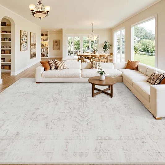 10x14 Area Rug for Living Room: Vintage Boho Neutral Washable Rug Indoor Soft Large Area Rug Carpet for Bedroom Nursery Farmhouse Dining Room Office Floor Non-Slip Low Pile Under Table Neutral Cream