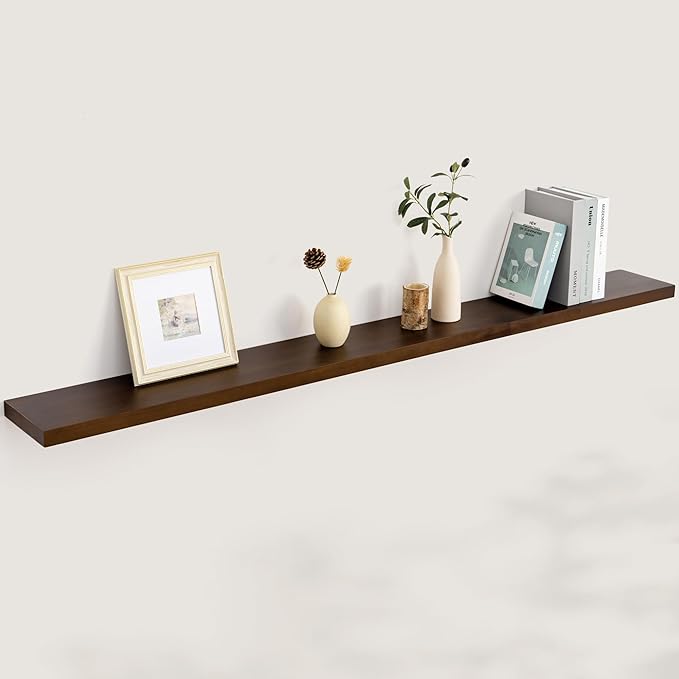 Floating Shelves 72 Inches Long - 8 Inch Deep Rustic Solid Pine Wood for Storage - Farmhouse Wall Mounted for Living Room - Heavy-Duty Metal Bracket - 72" W x 8" D - American Walnut Color