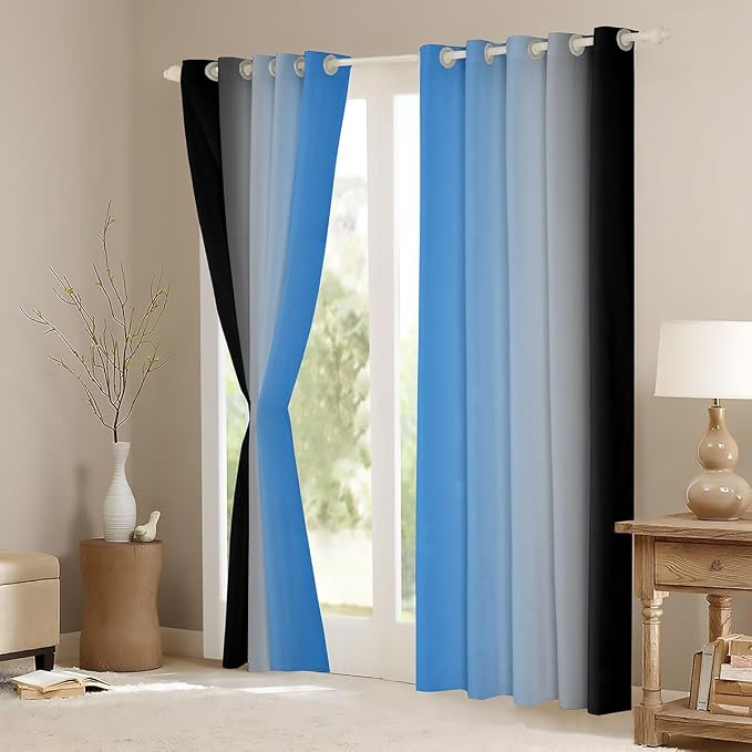 jejeloiu Blue Darkening Drapes (2 Panels, 38 x 54 Inch) Ombre Black Curtains for Bedroom Living Room for Kids Decor Gradient Style Blackout Curtains Abstract Window Treatments
