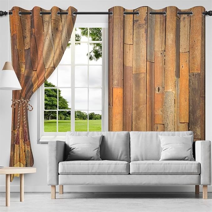 Wooden Curtains Vertical Planks Wooden Window Curtains Rustic Wooden Barn Door Grain Cottage Hardwood Garage Door Bedroom Living Room Window Drapes Decor with Grommets,53x72 inch,2 Panels