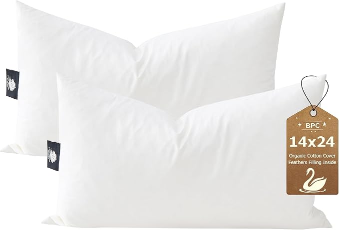 BPC 14x24 Down Feather Lumbar Pillow Inserts Set of 2, 100% Organic Cotton Cover, Soft Decorative Throw Pillows for Sofa, Couch and Bed, White