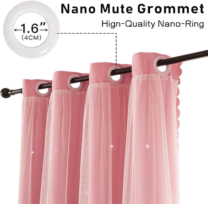 Cute Blackout Curtains Pink Curtains for Girls Room 63 Inches Long 1 Panel Star Cutout Room Darkening Nursery Curtain & Drapes with White Sheer Tulle Lace Double Layer Curtain 63 Inch Length