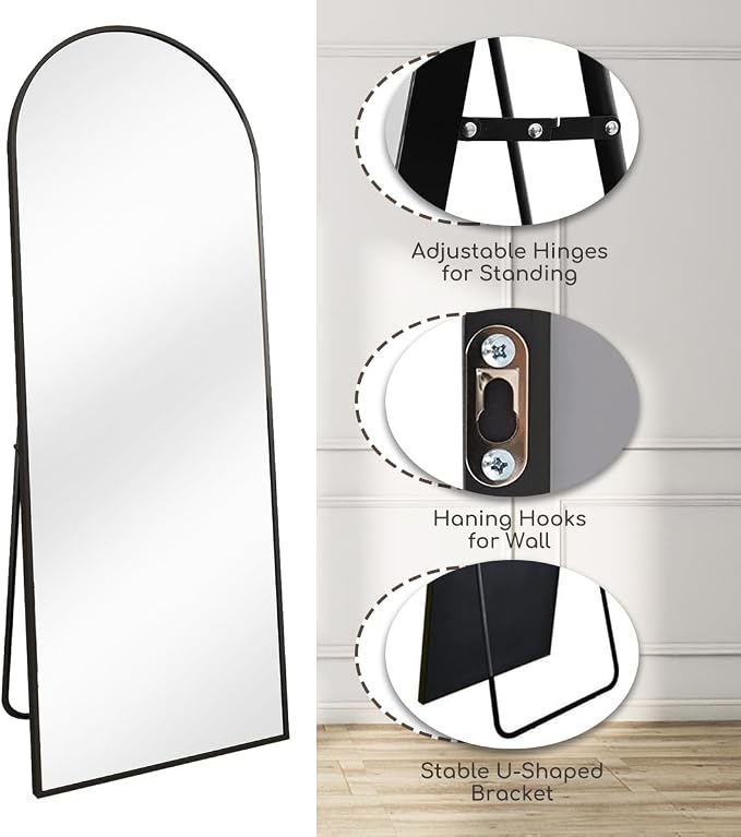 Prywot Arched Floor Mirror, 57 "x 20" Full Length Mirror Wall Mirrors Hanging or Leaning Arched-Top Full Body Mirrors with Stand for Bedroom, Dressing Room, Black