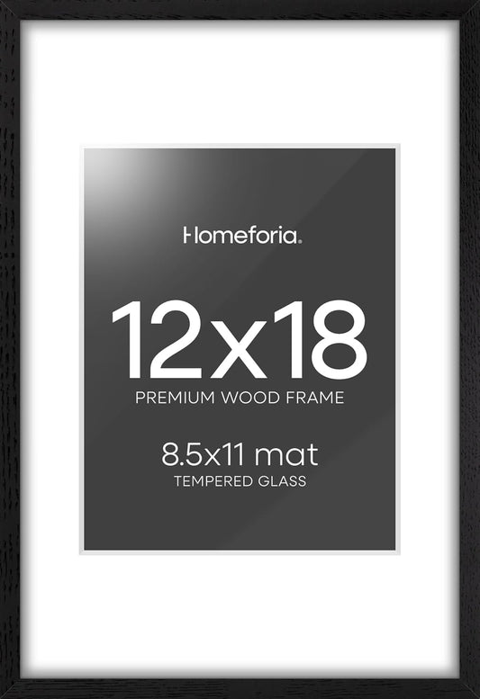Homeforia 12x18 Frame Black Wood, High End Oak 12x18 Picture Frames with Mat 8.5x11 Photo, 12 x 18 Wooden Poster Frame Matted to 8.5 x 11 Print, 18x12 Hanging Frame, Tempered Glass, Wall Kit, Set of 1