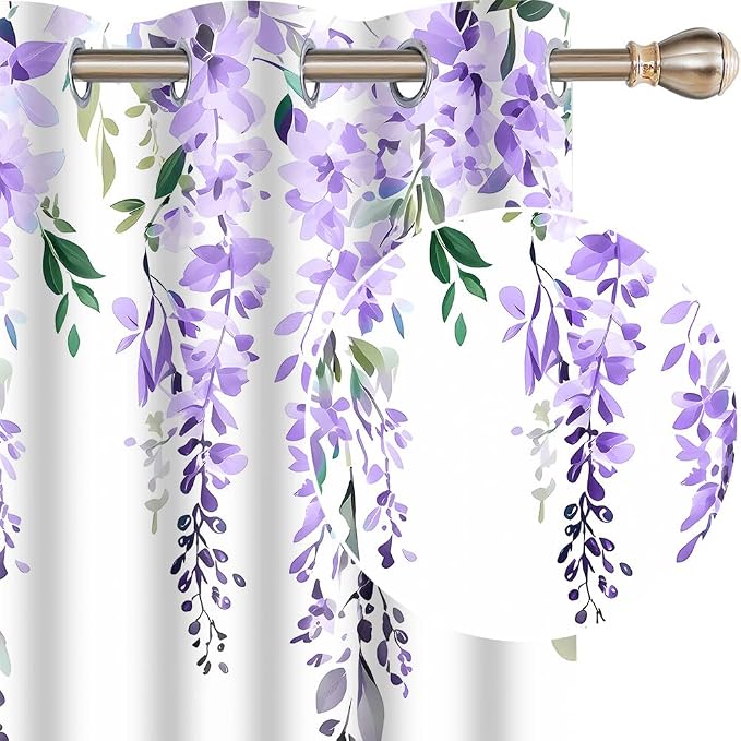 Purple Watercolor Floral Curtains, 52x63 inch, 2 Panels | Botanical Leaves Vine Flowers, Rustic Farmhouse Wisteria, Blackout Window Treatment, For Bedroom Living Room