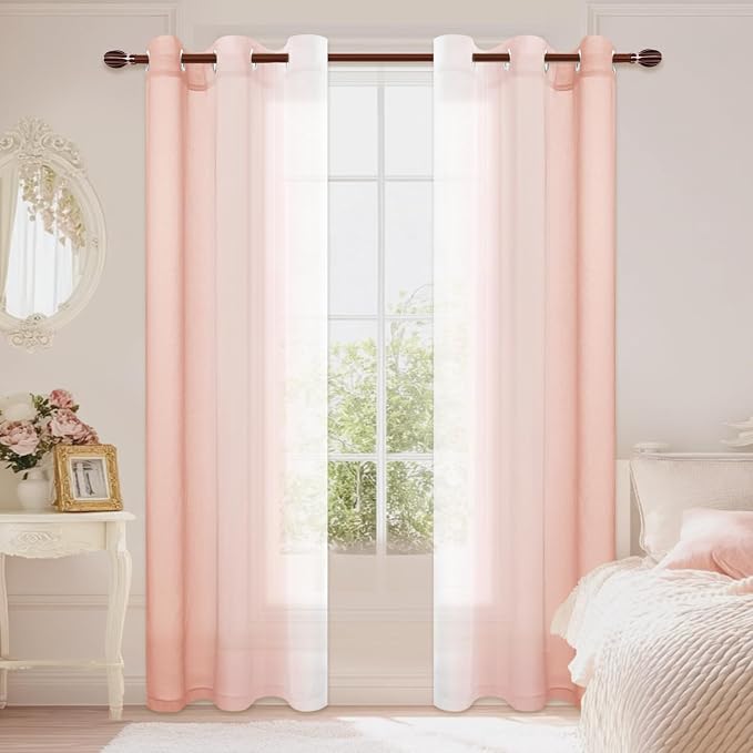 DWCN Blush Pink Ombre Sheer Curtains - 84 inches Long Faux Linen Gradient Semi Voile Curtains for Bedroom and Living Room, Set of 2 Grommet Top Window Curtain Panels, 42 x 84 Inches Long