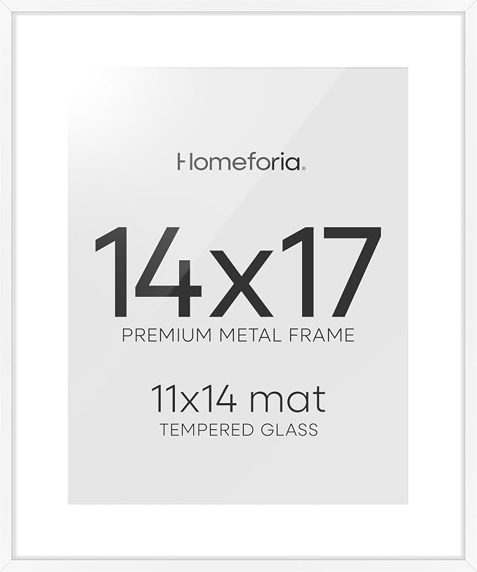 Homeforia 14x17 Picture Frame White, High End Metal 14 x 17 Poster Frames with Mat 11 x 14 for Photo, 14x17 White Frame Matted to 11x14 inch Print, 17x14 Thin Frame, Tempered Glass, Wall Kit, Set of 2