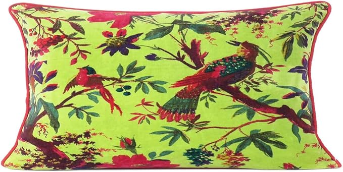 Velvet Floral Flower Bird Throw Pillow Sofa Cushion Cover Case Couch Colorful Boho Chic Bohemian Accent Indian Handmade (Light Green, 20" x 12")