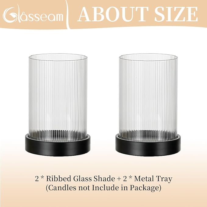 Glasseam Glass Hurricane Candle Holder: Black Pillar Candle Holders Set of 2 Ribbed Clear Glass Cover with Metal Candle Tray Modern Candle Holders for Table Centerpiece Living Room Fireplace Decor