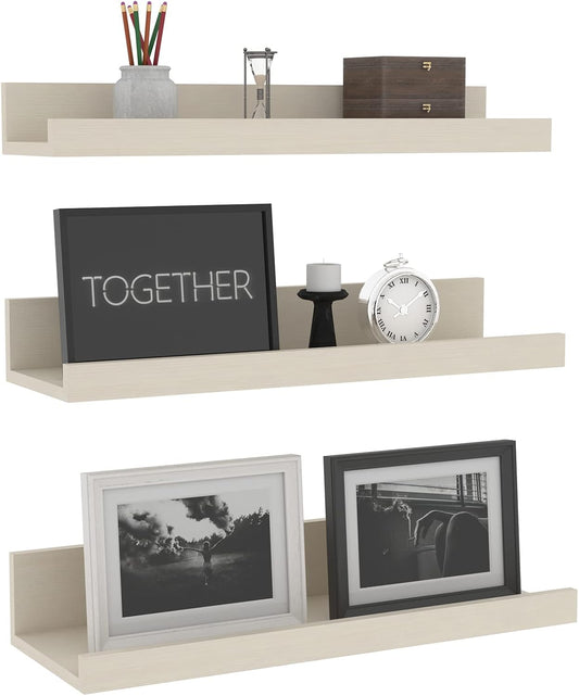 Giftgarden 16 Inch Floating Shelves Wall Mounted, Creamy White Beige Wood-Grain Wooden Ledge Shelf for Bathroom Bedroom Living Room Kitchen Nursery, Set of 3 Different Sizes