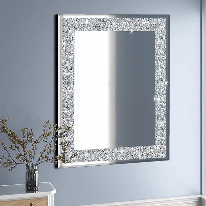 QMDECOR Crystal Crush Diamond Rectangle Silver Mirror for Wall Decoration 24x32inch Wall Hang Frameless Mirror Acrylic Diamond Decor.
