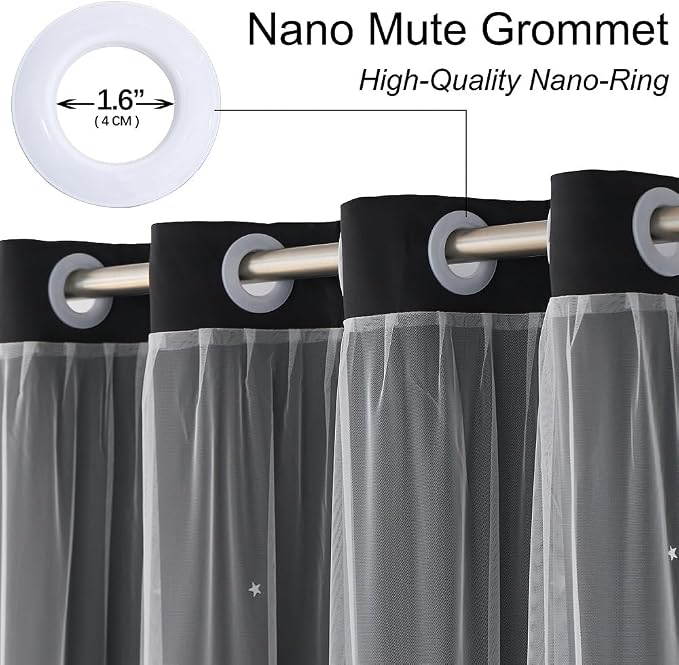 Black Curtains for Bedroom Cute Blackout Curtains 84 Inches Long 2 Panels Star Cutout Double Layer Nursery Curtains & Drapes with Tulle Decor Kids Room Window Treatments 84 Inch Length