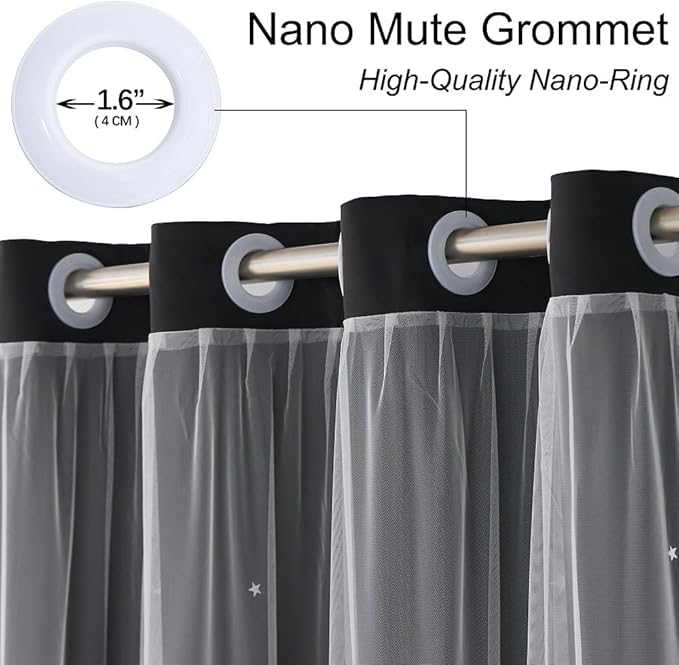 Black Curtains for Bedroom Cute Blackout Curtains 63 Inches Long Single Panel Star Cutout Double Layer Nursery Curtains & Drapes with Tulle Kids Room Decor Window Treatments 63 Inch Length