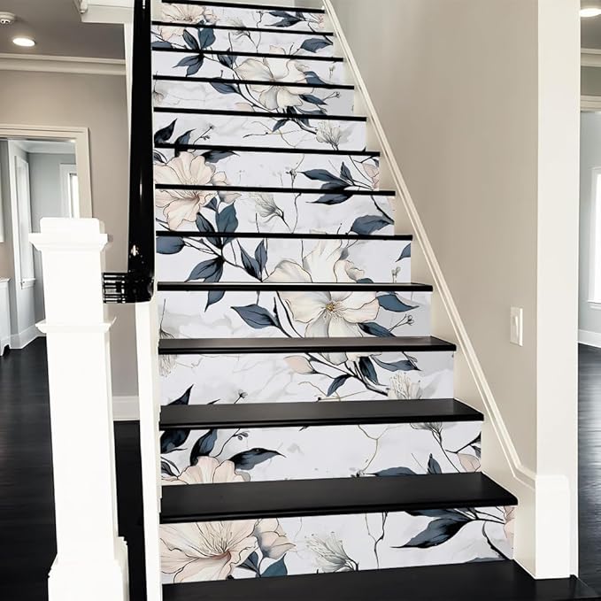 REDAMANCY Abstract White Marble Floral Dark Navy Leaf Vintage Peel and Stick Vinyl Stair Riser Decals Staircase Tile Stickers Decor Modern Marble Decoration Self-Adhesive(14 Pcs)