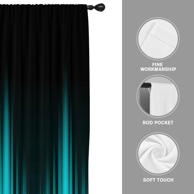 Coxila Teal and Black Window Curtains for Bedroom 42 x 63 Inch Rod Pocket Turquoise Aqua Ombre Dark Gothic Goth Cool Anime Boys Mens Abstract Fun Living Room Treatment Set of 2 Curtain Panels Drapes