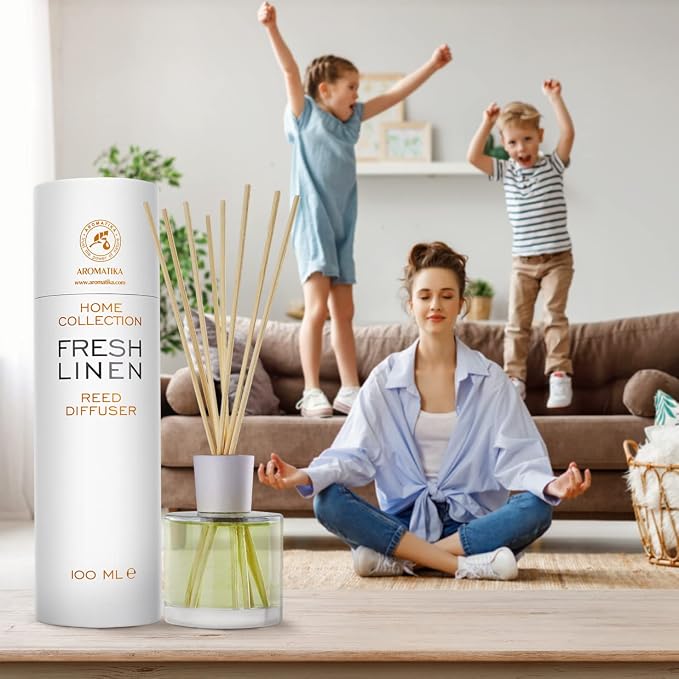 Reed Diffuser Fresh Linen 3.4 Fl Oz (100ml) - Fragrance Oil Reed Diffuser with Rattan Sticks - Room Freshener - Relaxation Fragrance - Scented Diffusers - Fragrance