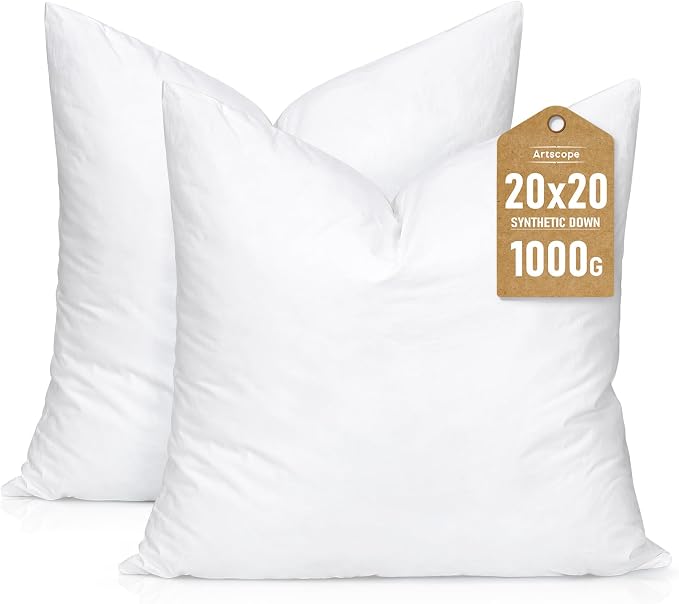 Artscope Synthetic Down Pillow Insert, 20x20 Throw Pillow Inserts Set of 2 | Down Alternative Ultra Soft Fluffy Sleeping Pillow, 100% Cotton Cover, Decorative Pillows-White