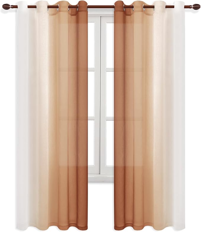 DWCN Fall Faux Linen Ombre Sheer Curtains - 84 inches Long Gradient Semi Voile Curtains for Bedroom and Living Room, Set of 2 Grommet Top Window Curtain Panels, 52 x 84 Inches Long, Burnt Ochre